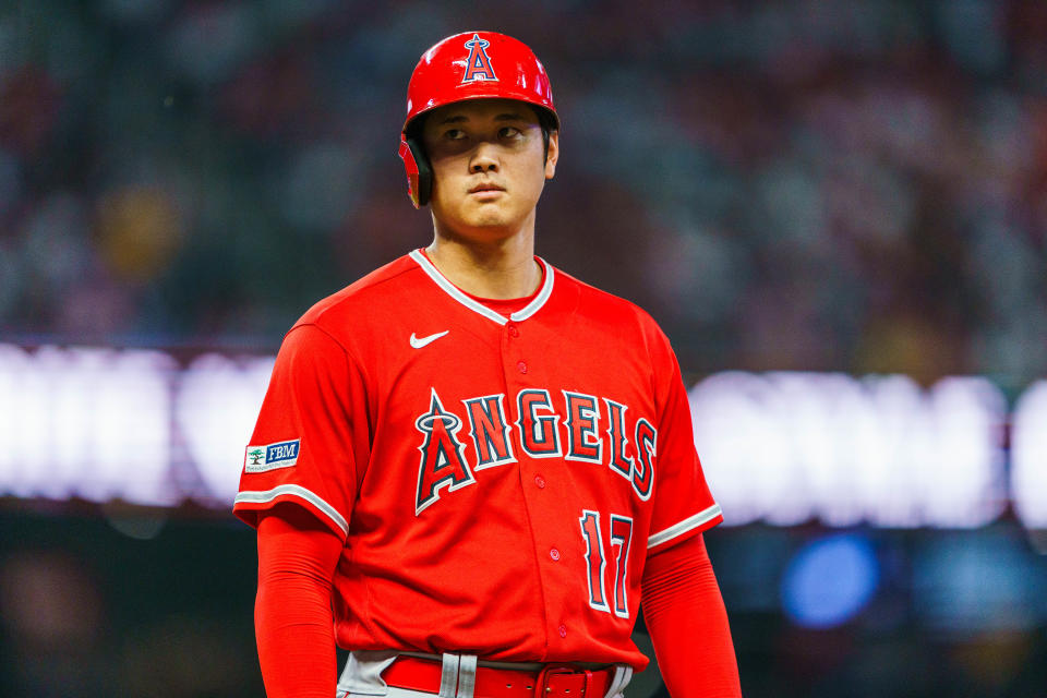 天使大谷翔平在9局上遭勇士沒收可能的全壘打。（MLB Photo by Matthew Grimes Jr./Atlanta Braves/Getty Images）