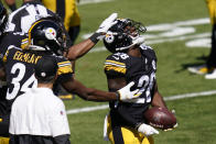 Pittsburgh Steelers cornerback Mike Hilton (28) celebrates after recovering a fumble by Denver Broncos quarterback Drew Lock (3) during the first half of an NFL football game, Sunday, Sept. 20, 2020, in Pittsburgh. (AP Photo/Keith Srakocic)