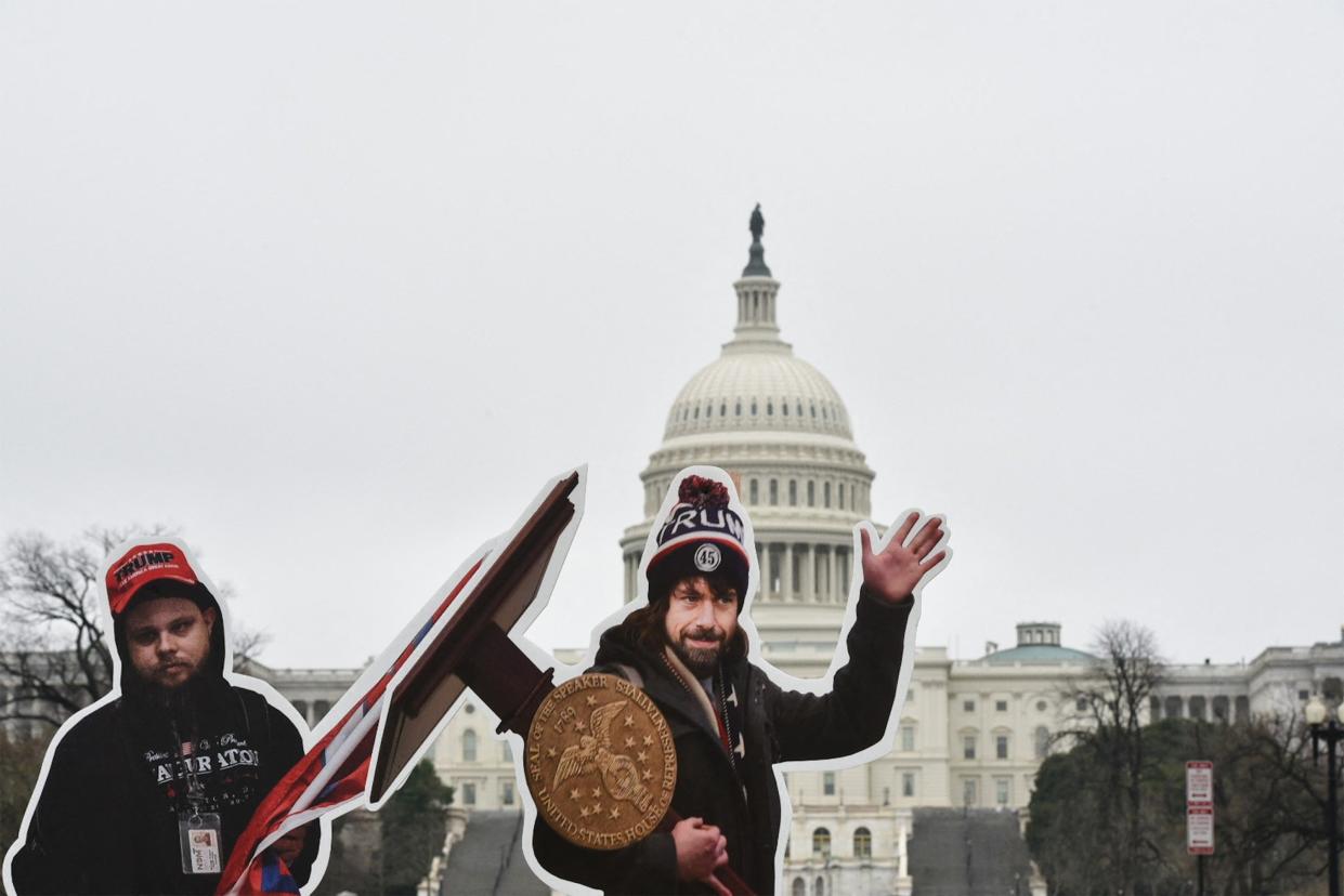 <p>An effigy of Twitter CEO, Jack Dorsey (C), dressed as a January 6, 2021, insurrectionist is placed near the US Capitol in Washington, DC, on March 25, 2021</p> (Photo by MANDEL NGAN/AFP via Getty Images)
