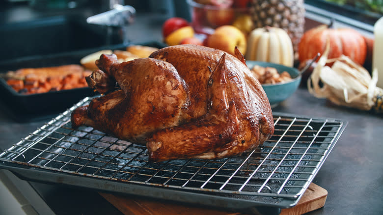 Turkey on a cooking rack.