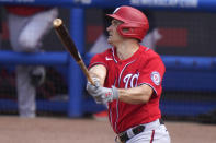 Washington Nationals' Ryan Zimmerman watches after hitting a three-run home run during the fifth inning of a spring training baseball game against the New York Mets, Thursday, March 4, 2021, in Port St. Lucie, Fla. (AP Photo/Lynne Sladky)