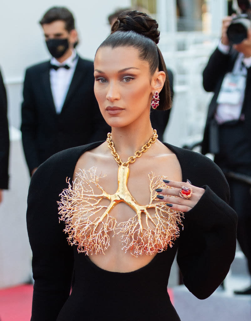 CANNES, France — July 11: Bella Hadid attends the Tre Piani (Three Floors) screening during the 74th annual Cannes Film Festival on July 11, 2021, in Cannes, France. (Photo by Samir Hussein/WireImage)