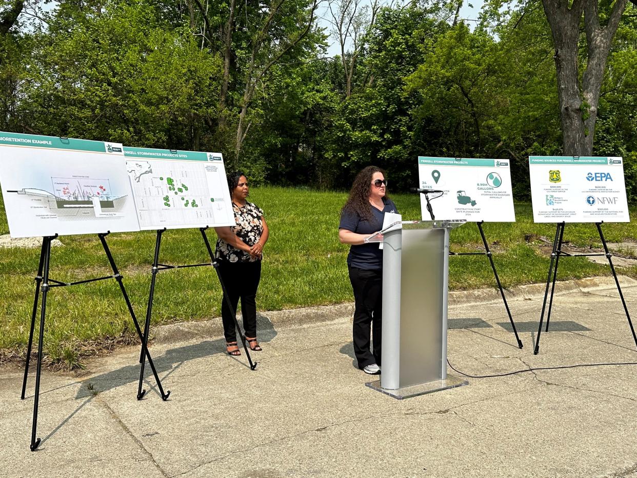 Lisa Wallick, field services director for stormwater at Detroit's Water and Sewerage Department, announces the city's bioretention project in the city's Brightmoor neighborhood on Tuesday, May 23, 2023.
(Photo: Dana Afana)