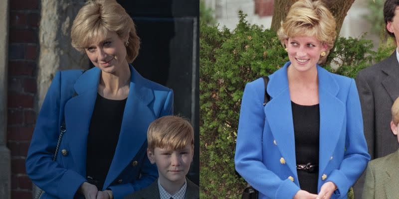 <p>For Prince William's first day at Eton College, Princess Diana wore a blue blazer with chrome buttons and a black shirt underneath. The outfit was replicated in season 5 and worn by actress Elizabeth Debicki.</p>