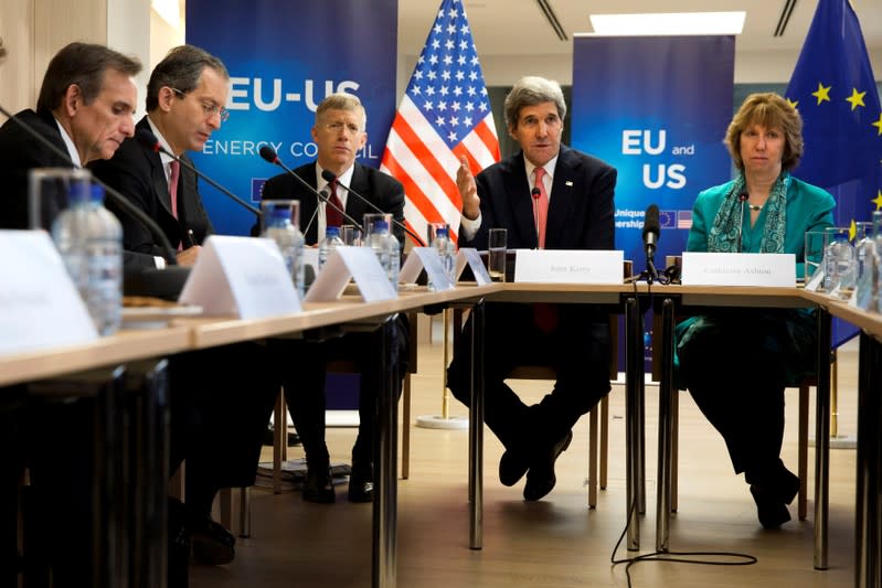 FILE PHOTO: U.S. Secretary of State Kerry, speaks next to European Union High Representative Ashton in Brussels