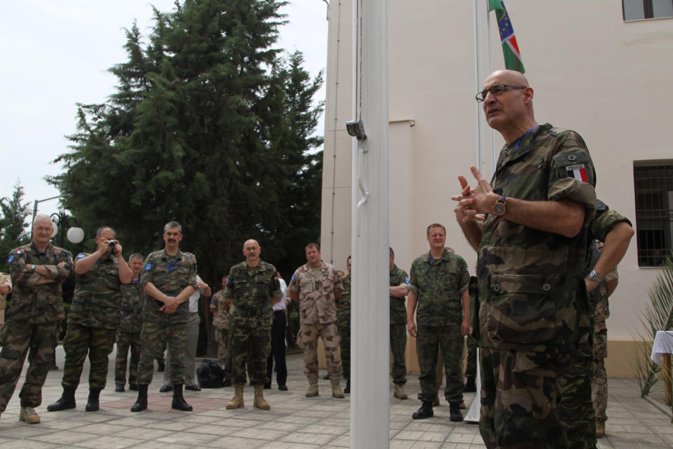 Maj. Gen. Philippe Ponties speaks during a presentation of the operation headquarters of the European Union’s force for the Central African Republic, in the central Greek town of Larissa, Tuesday, May, 13, 2014. The force recently began deploying in the African country’s capital, and currently has 235 troops, mainly securing the airport. It expects to have more than 800 troops on the ground by mid-June for a six-month deployment. The Central African Republic has been wracked by sectarian bloodshed for months, leaving thousands dead and forcing nearly 1 million people to flee their homes.(AP Photos/Nikolas Giakoumidis)