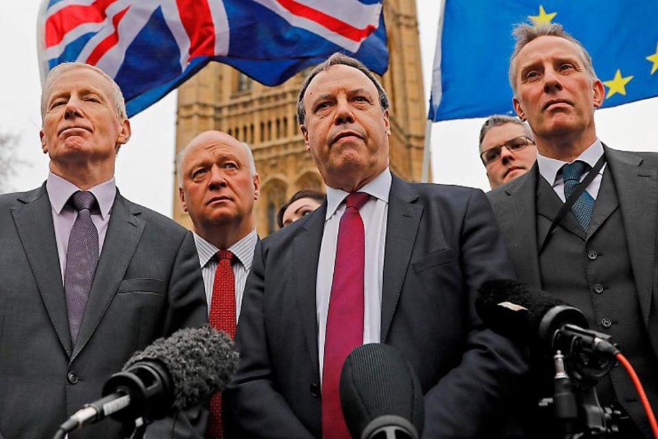 Flying the Unionist flag: Nigel Dodds leads DUP members at a press conference last year (Getty Images)