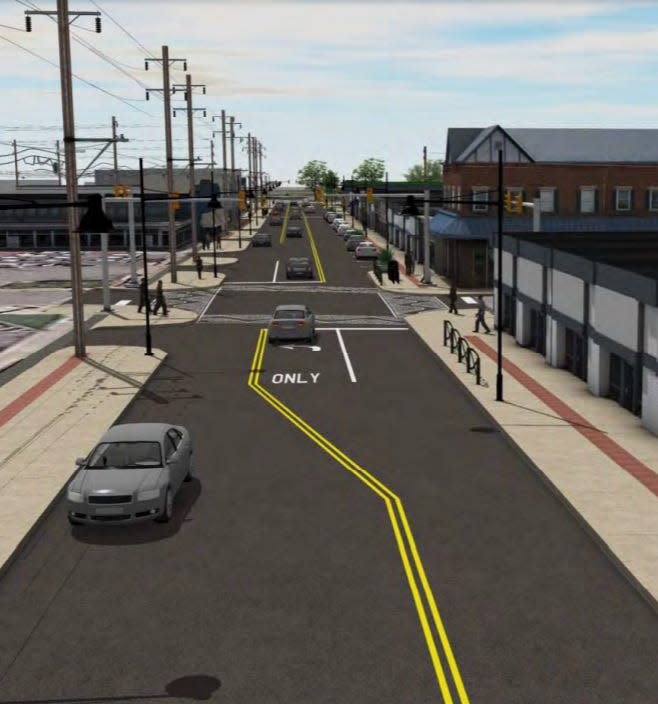 A rendering of improvements to Broad Ripple Avenue, including wider sidewalks and decorative crosswalks, planned for 2022.
