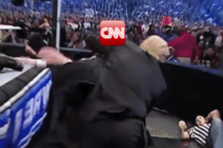 The clip shows Trump slamming ‘CNN’ to ground. (@realDonaldTrump via Reddit)