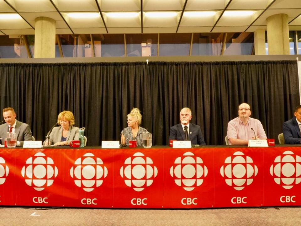 From left, Prince George mayoral candidates Adam Hyatt, Terri McConnachie, Lisa Mitchell, Roy Stewart, Christopher Wood and Simon Yu answered questions from the community at a CBC-hosted forum Wednesday night. (Nadia Mansour/CBC - image credit)