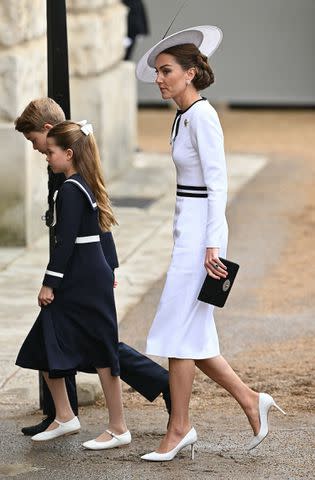 <p>JUSTIN TALLIS/AFP via Getty</p> Kate Middleton arrives at Trooping the Colour on June 15, 2024 alongside Prince George and Princess Charlotte