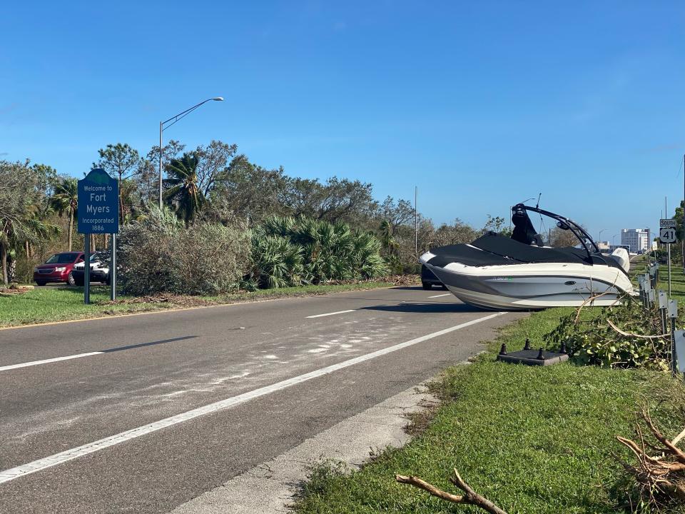 Damage to the waterfront and yacht basin in downtown Fort Myers on the day after Hurricane Ian on Thursday, Sept. 29, 2022. 