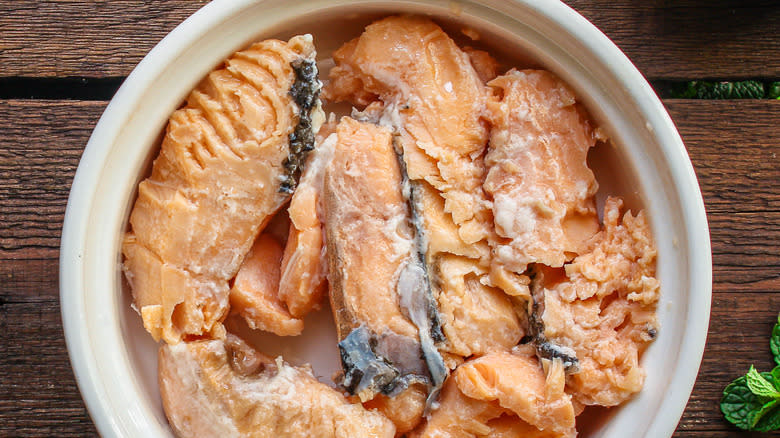 Canned salmon in bowl