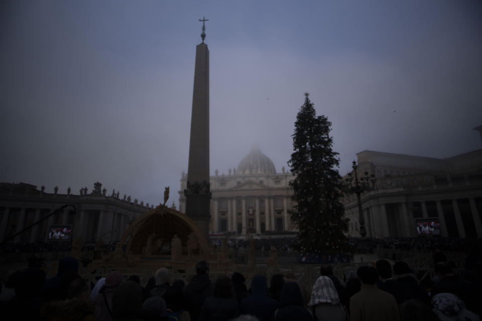 St. Peter's Basilica at The Vatican is capped in mist during the funeral mass for Pope Emeritus Benedict XVI presided over by Pope Francis, Thursday, Jan. 5, 2023. Benedict died at 95 on Dec. 31 in the monastery on the Vatican grounds where he had spent nearly all of his decade in retirement. (AP Photo/Domenico Stinellis)
