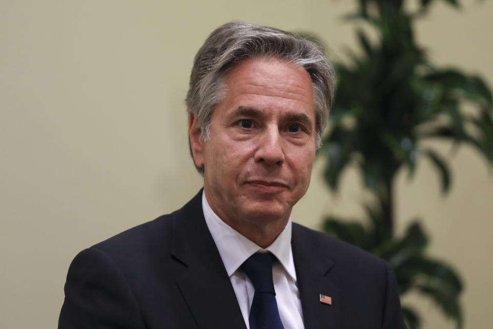 US Secretary of State Antony Blinken meets with Palestinian Prime Minister Mohammed Mustafa, not pictured, during the "Call for Action: Urgent Humanitarian Response for Gaza" conference, at the Dead Sea, Jordan Tuesday June 11, 2024. (Alaa Al Sukhni/Pool Photo via AP)