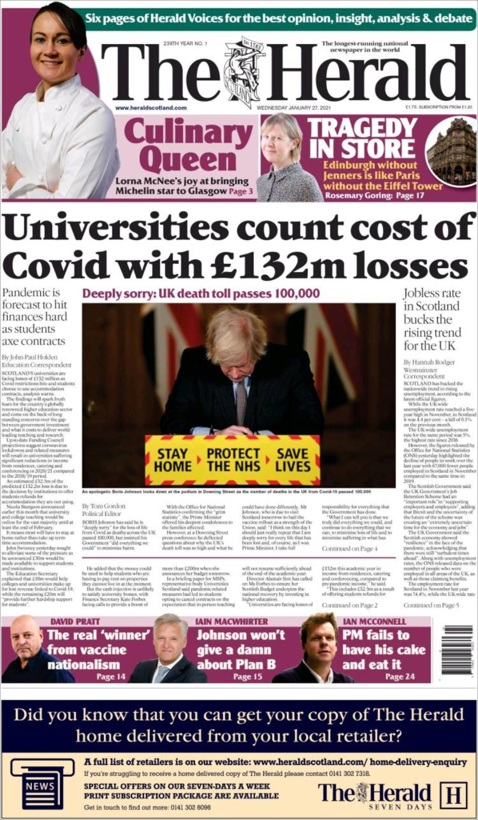 El drama de las muertes por coronavirus en Reino Unido también se refleja en la prensa escocesa. ‘The Herald’ lleva en su portada otra foto de Boris Johnson compungido y el titular dice: “Las universidades calculan el coste de la Covid en unas pérdidas de 132 millones de libras”. (Foto: <a href="http://www.heraldscotland.com/" rel="nofollow noopener" target="_blank" data-ylk="slk:The Herald;elm:context_link;itc:0;sec:content-canvas" class="link ">The Herald</a>).