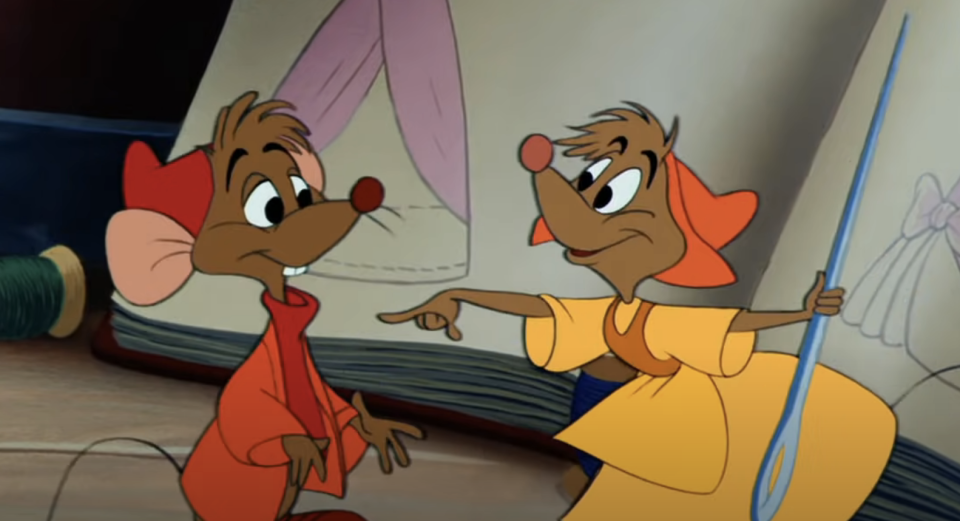 two mice ready to sew cinderella's dress