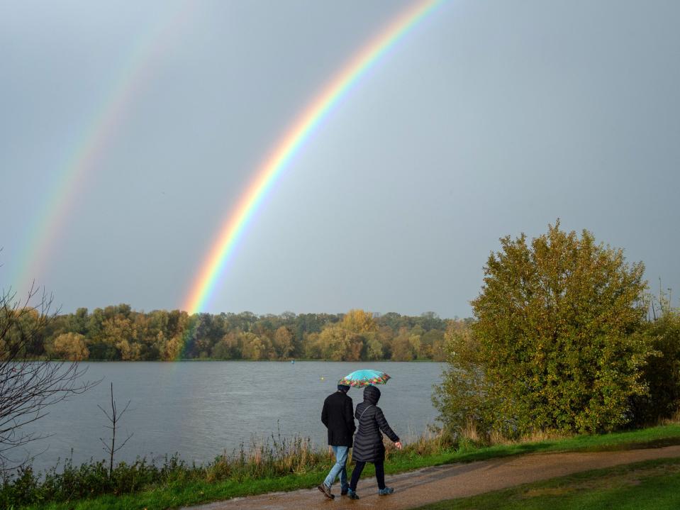 A double rainbow appears after a heavy rain shower at Nene Park in Peterboroug (PA)