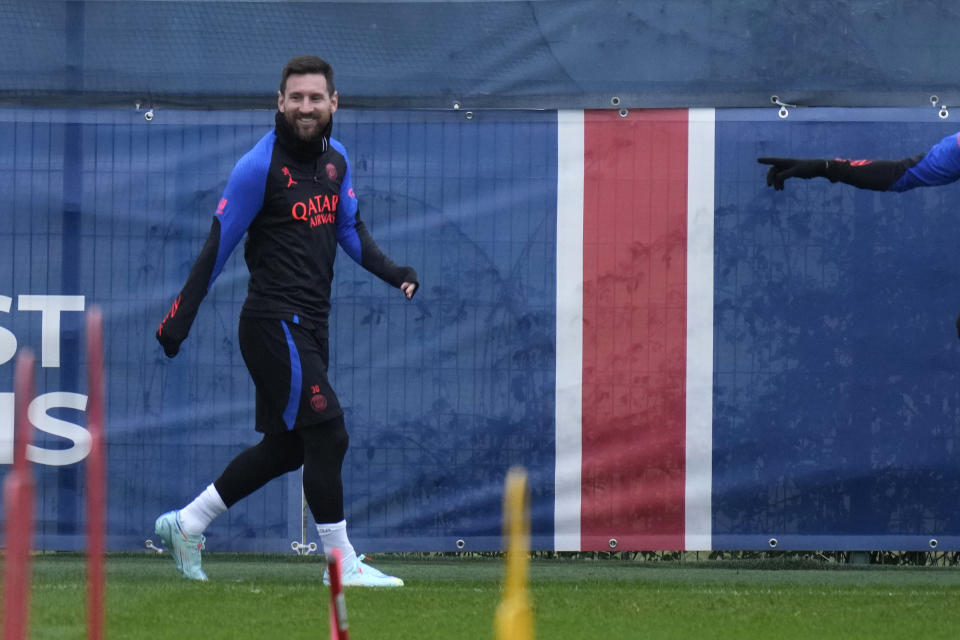 Argentina's Lionel Messi resumes his training with the Paris Saint-Germain team Thursday, Jan. 5, 2023 at the team's training camp in Saint Germain-en-Laye, west of Paris. (AP Photo/Thibault Camus)