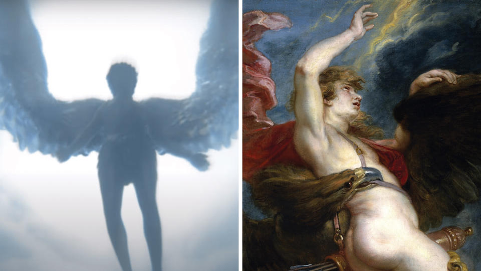 Left: An angelic figure, which resembles the Greek mythological figure Ganymede, in Lil Nas X's "Montero."; Right: The painting "The Rape of Ganymede" by Rubens.<span class="copyright">YouTube; Commons</span>