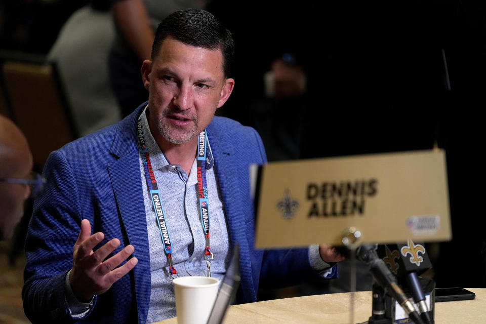 New Orleans Saints head coach Dennis Allen speaks during the NFC head coaches availability at the NFL football meetings, Tuesday, March 28, 2023, in Phoenix. (AP Photo/Matt York)