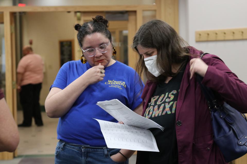 Monica Casanova, the nominee for the Fairfield Township Trustee and Margaret Hass, the nominee for the Fairfield 16 precinct, review the 2022 Primary Election results at the Tippecanoe County Building, on May 3, 2022.