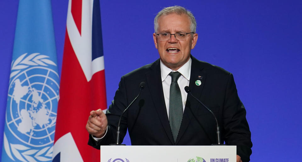 Scott Morrison, Prime Minister of Australia speaks as National Statements are delivered on day two of the COP 26 United Nations Climate Change Conference at SECC on November 01, 2021 in Glasgow, Scotland. 2021 sees the 26th United Nations Climate Change Conference. Source: Getty Images