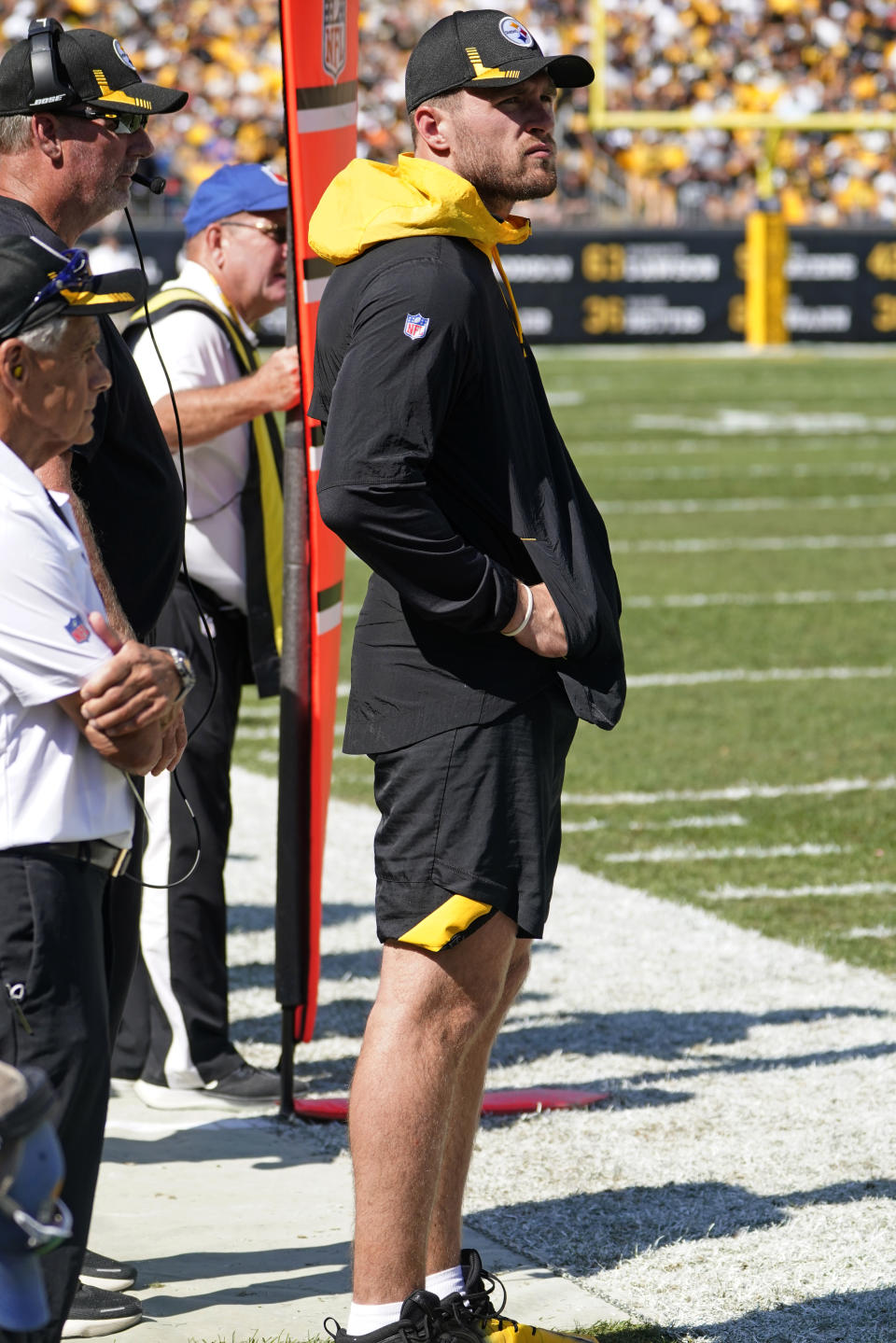 Pittsburgh Steelers outside linebacker T.J. Watt stands on the sideline after being injured during the second half of an NFL football game against the Las Vegas Raiders in Pittsburgh, Sunday, Sept. 19, 2021. (AP Photo/Keith Srakocic)