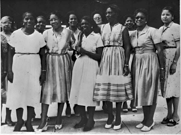 Florida Memory identifies these teachers as: Teachers who taught in the 1930s-1950s. Back row: Paralee Webb, Daisy Hall, Hilda Gardner, Edith Martin Strong and Lessie Sanford. Front row: Olivia Brown, Ruth Jones, Bernyce Clausell, Iola Douglas, Emma Brooker and Jesse Cooper. Iola Douglas later became principal of Concord School.