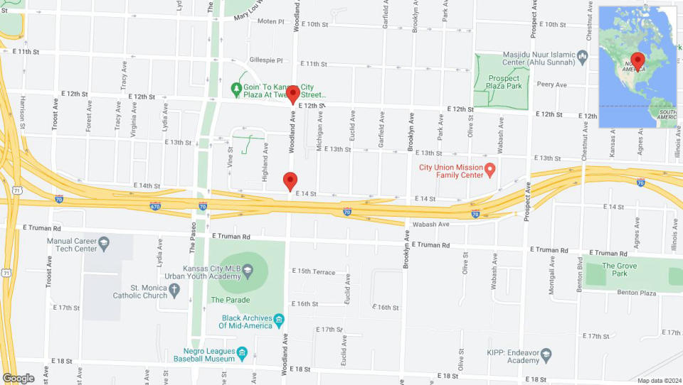 A detailed map that shows the affected road due to 'East 14th Street closed in Kansas City' on June 25th at 6:54 p.m.