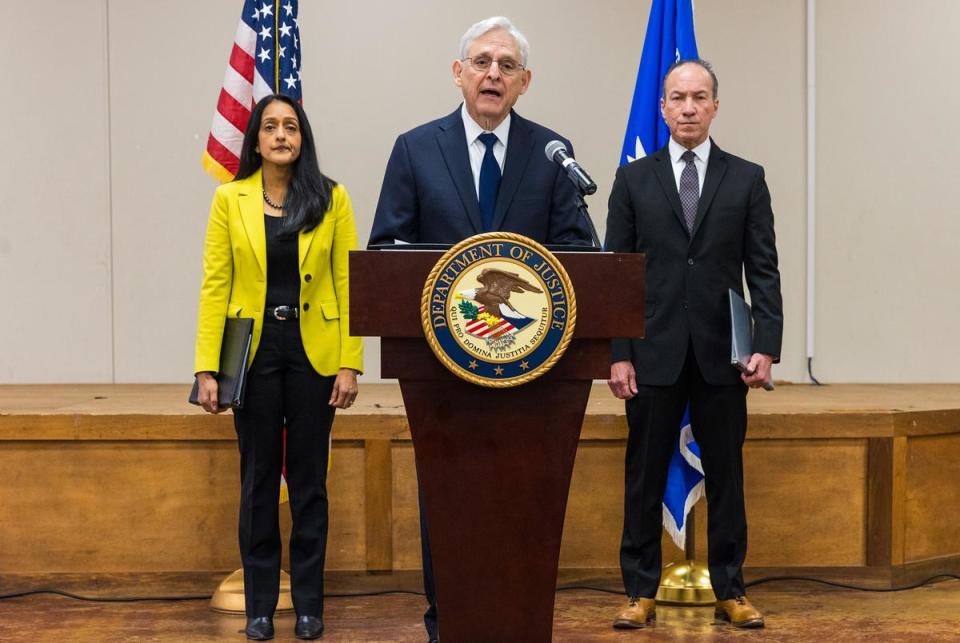 U.S. Attorney General Merrick Garland speaks a press conference discussing the DOJ report detailing failures in the law enforcement response to the 2022 school shooting, in Uvalde on Thursday, Jan. 18, 2018. Behind him, from left: Associate Attorney General Vanita Gupta and Colonel Hugh T. Clements, Jr., director of the Office of Community Oriented Policing Services.