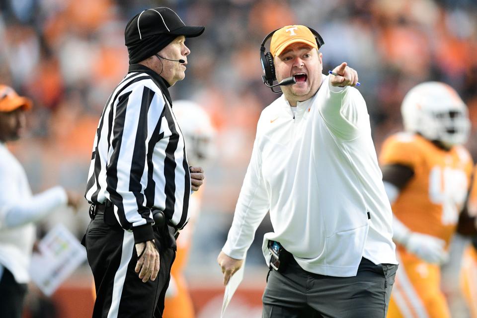 Tennessee Head Coach Josh Heupel disputes a call during an SEC conference game between Tennessee and Vanderbilt at Neyland Stadium in Knoxville, Tenn. on Saturday, Nov. 27, 2021.b