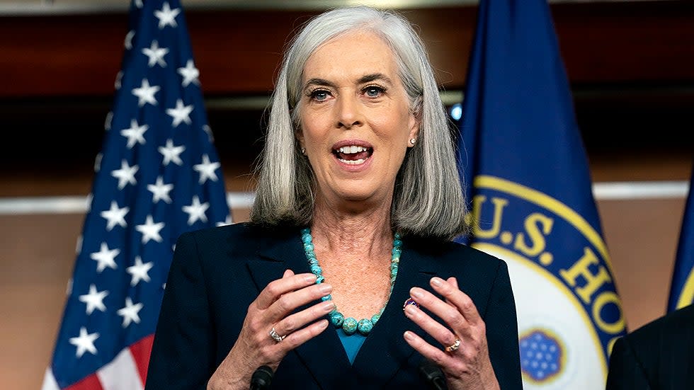 Rep. Katherine Clark (D-Mass.) addresses reporters during a press conference on Friday, November 19, 2021 after the Build Back Act vote.