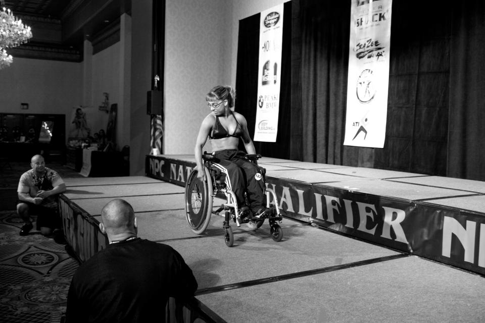 Fallon Turner on stage at the 2011 NPC Wheelchair Championships. As one of the few active female wheelchair competitors, Turner did not have any competition at this show.