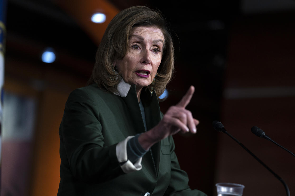 Speaker of the House Nancy Pelosi speaks during a news conference on Capitol Hill, Thursday, Feb. 3, 2022, in Washington. (AP Photo/Evan Vucci)