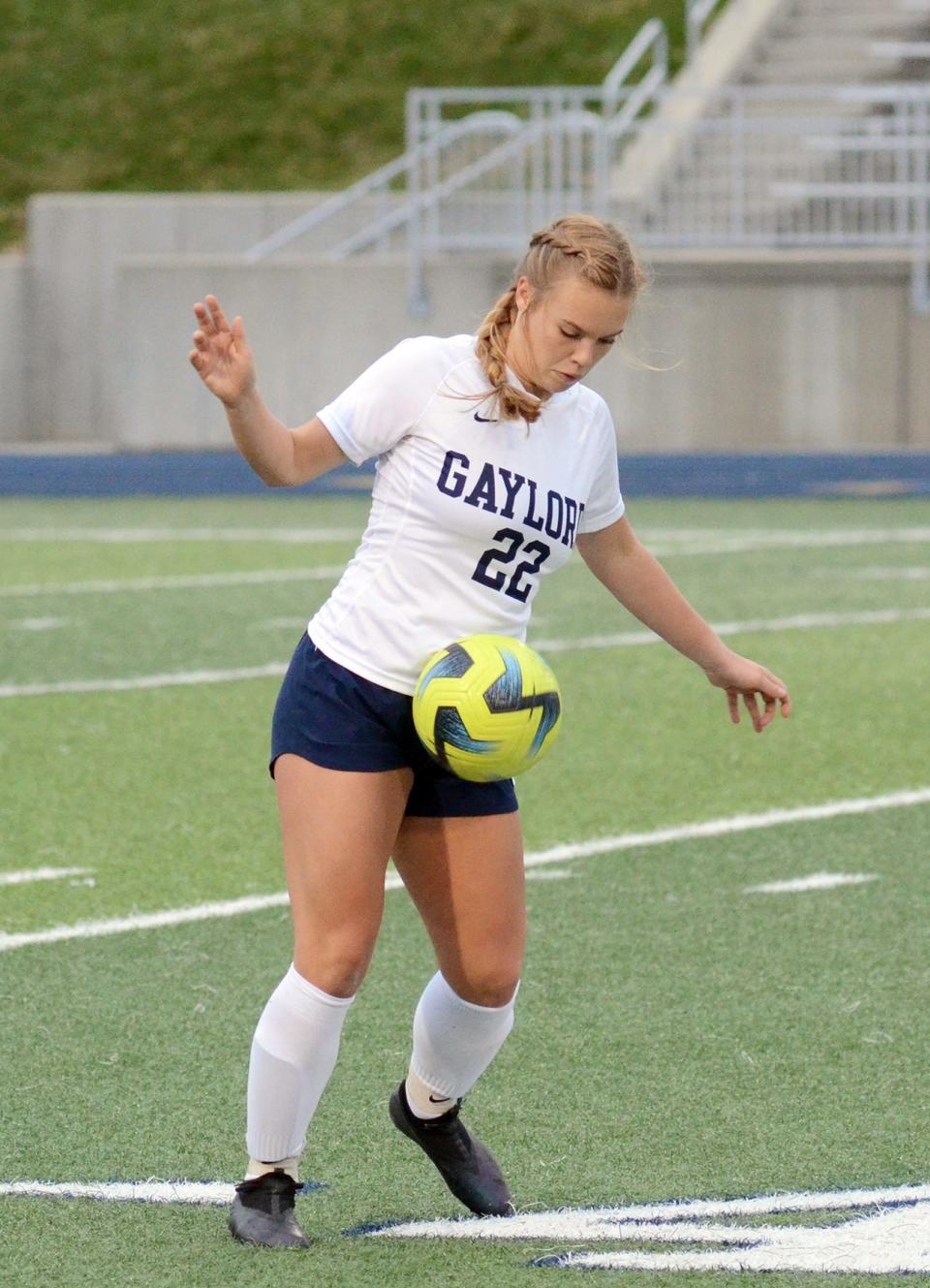 Clarie Gorno settles the ball during a high school soccer matchup between Gaylord and Petoskey on Thursday, April 27 in Petoskey, Mich.