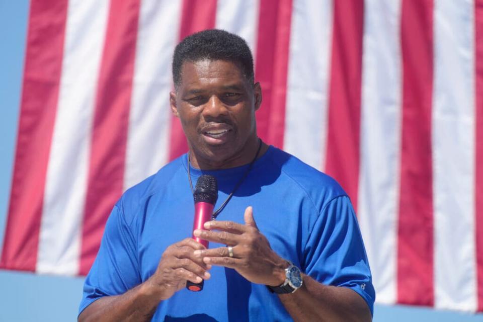 Georgia GOP Senate nominee Herschel Walker smiles during remarks during a campaign stop at Battle Lumber Co. on Thursday, Oct. 6, 2022, in Wadley, Ga. (AP Photo/Meg Kinnard)