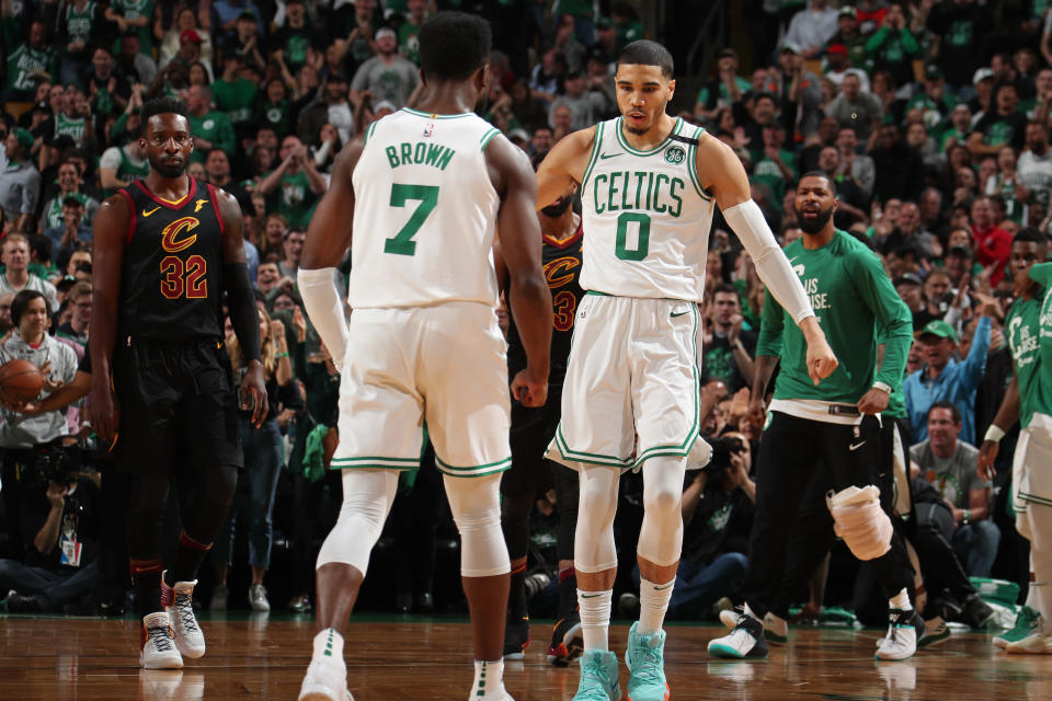 Jaylen Brown and Jayson Tatum are reportedly on the table for offseason trade talks for Anthony Davis. (Getty)