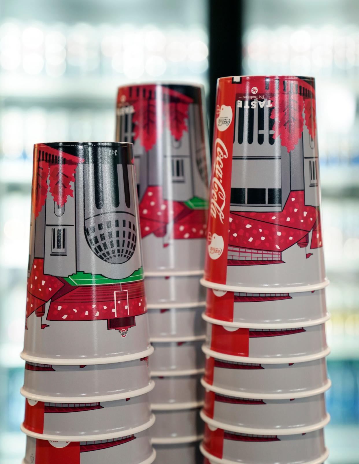 Oct. 1, 2022; Columbus, Ohio, USA; Cups depicting Ohio Stadium are seen at a concession stand before Saturday's game between the Ohio State Buckeyes and the Rutgers Scarlet Knights in Columbus. Mandatory Credit: Barbara Perenic/Columbus Dispatch