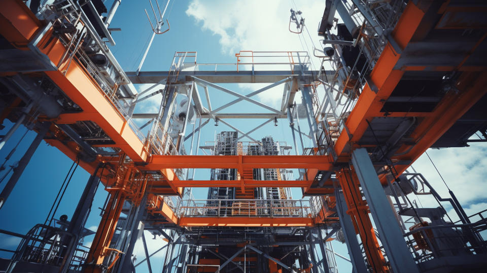 A view of an aerial platform from below, its masts and attachments nicely uncovered.