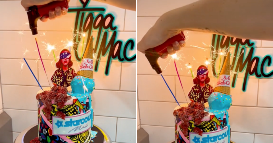 Cake artist Tigga almost burned her arm trying to light the sparklers on her cake. Photo: TikTok/@tigga_mac