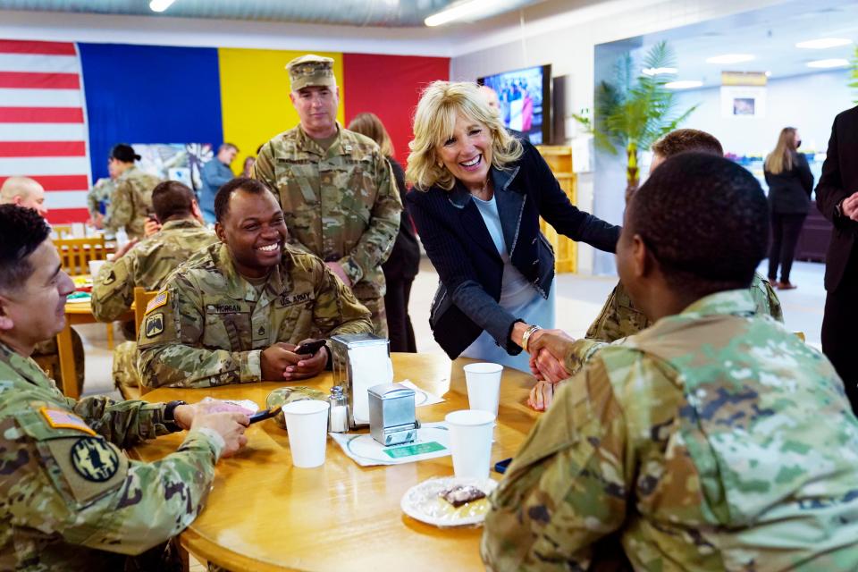 First lady Jill Biden meets U.S. troops during a visit to the Mihail Kogalniceanu Air Base near Constanta, Romania, May 6, 2022. It was the first day of her four-day trip to Romania and Slovakia to meet with Ukraine refugees, U.S. troops, embassy and government officials near the Ukraine border.