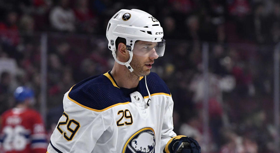 Mar 23, 2019; Montreal, Quebec, CAN; Buffalo Sabres forward Jason Pominville (29) skates during the warmup period before the game against the Buffalo Sabres at the Bell Centre. Mandatory Credit: Eric Bolte-USA TODAY Sports