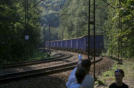 People observe a cargo train passing through an area where a Nazi train is believed to be, in Walbrzych, southwestern Poland August 30, 2015. REUTERS/Kacper Pempel