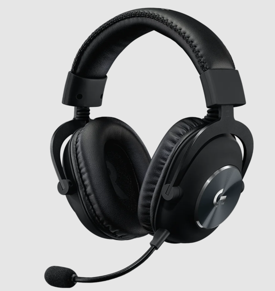 The black Logitech G PRO X WIRELESS LIGHTSPEED Gaming Headset on a grey background