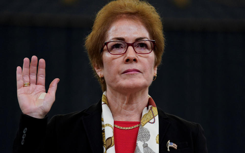 Marie Yovanovitch, former U.S. ambassador to Ukraine, is sworn in to testify before a House Intelligence Committee hearing as part of the impeachment inquiry into President Donald Trump on Nov. 15, 2019.&nbsp; (Photo: Jonathan Ernst / Reuters)