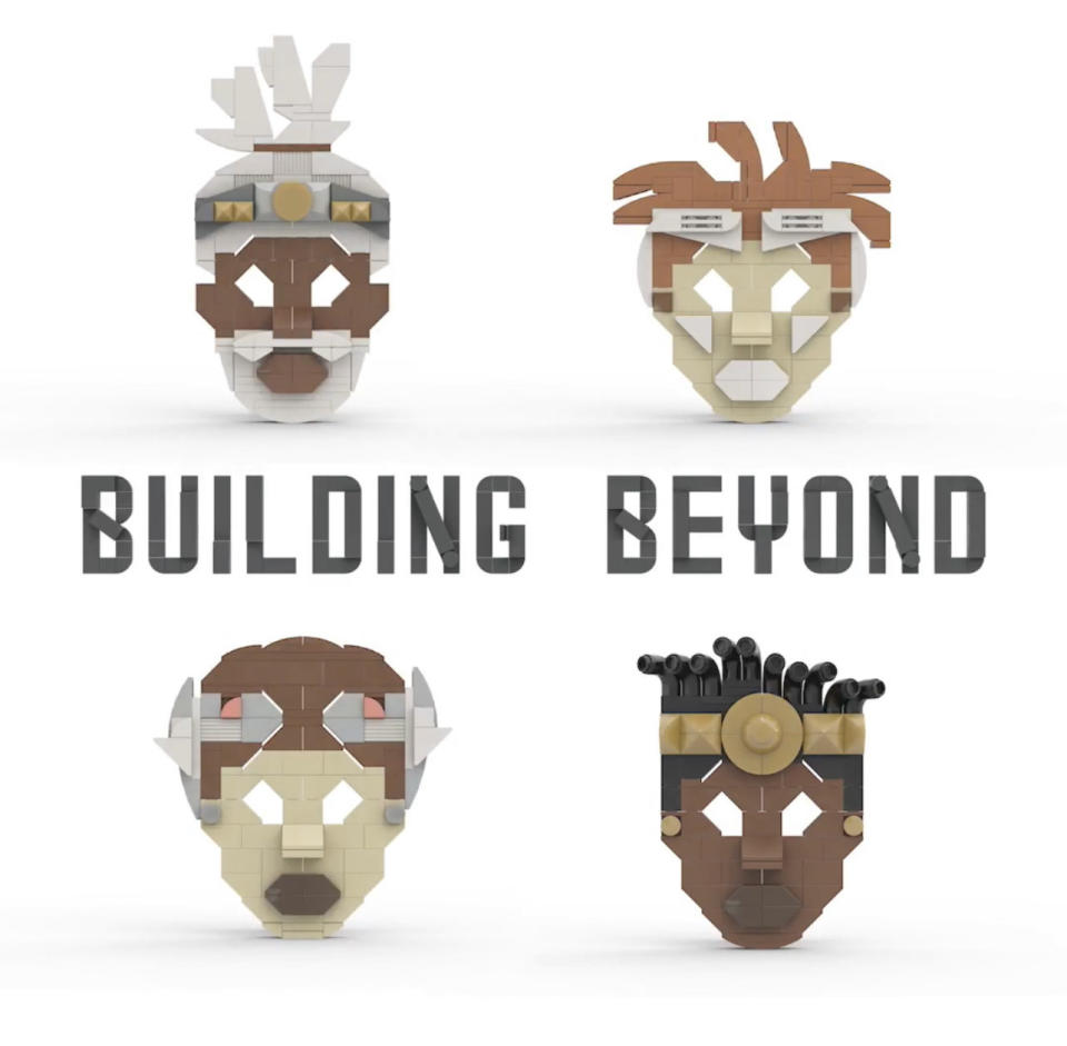 A promotional image of 4 Lego ancestral faces from Ekow's workshop kits for Building Beyond