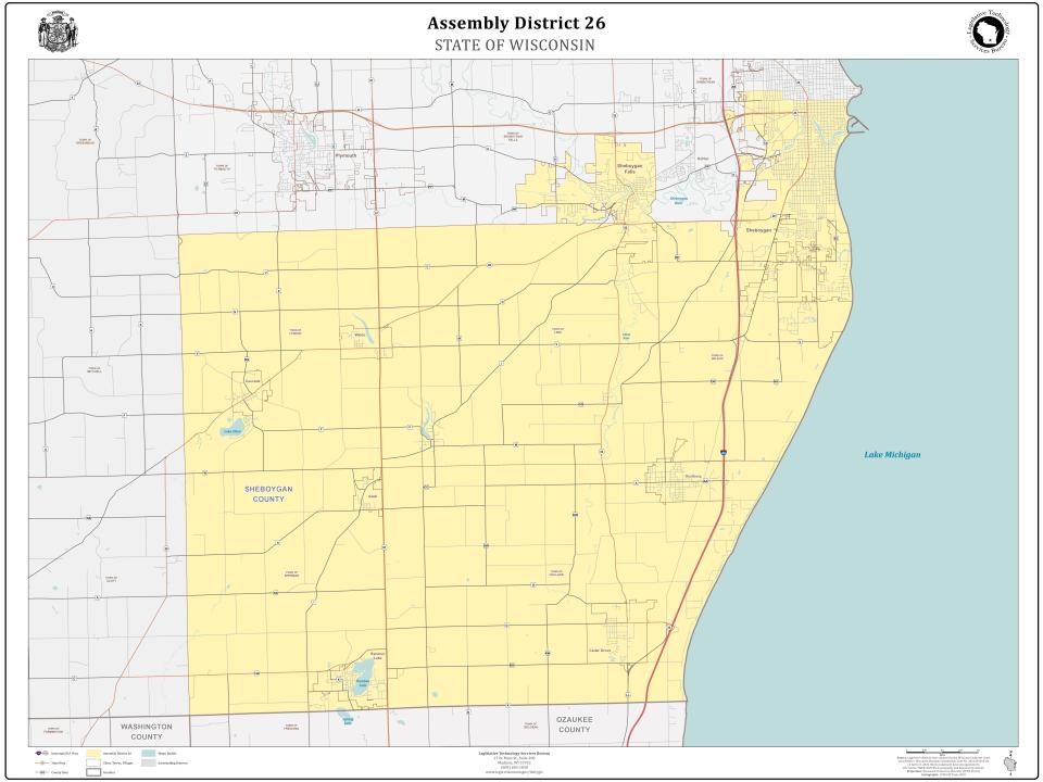 A map of the 26th Assembly District (shaded in yellow). The District includes part of the City of Sheboygan, Sheboygan Falls, Random Lake, Adell, Cedar Grove, Oostburg, Lima, Holland, Sherman and Wilson.