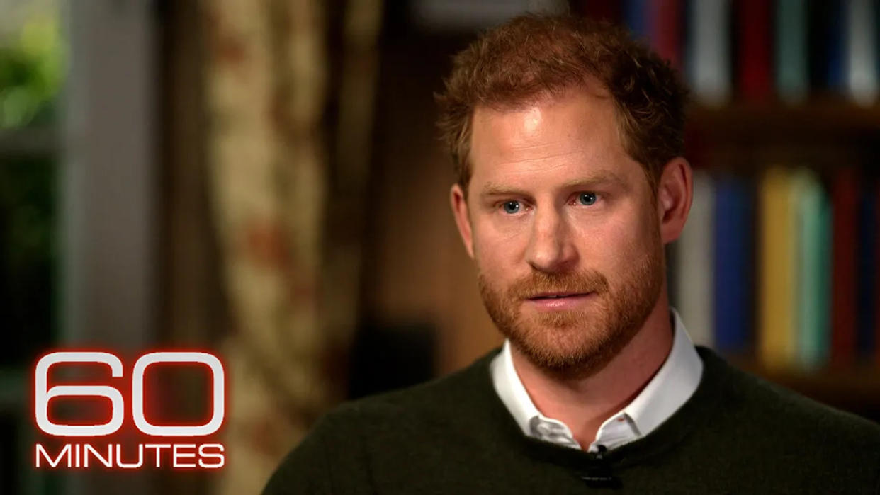 A screenshot of Prince Harry giving a televised interview.