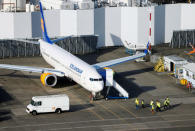 An aerial photo shows people approaching a grounded Icelandair Boeing 737 MAX airplane at Boeing Field in Seattle, Washington, U.S. March 21, 2019. REUTERS/Lindsey Wasson